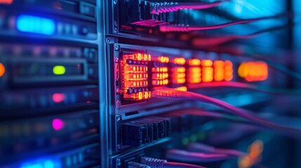 Aufkleber - Close-up view of network cables connected to tech equipment rack. Colorful lights illuminate tech components, showing modern communication systems, advanced connectivity.  3k Resolution 