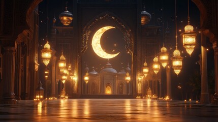 Poster - A glowing moon shines behind a mosque and lanterns are lit