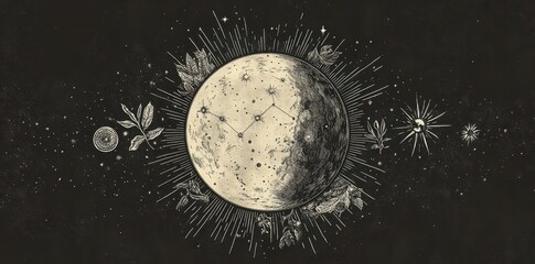 Wall Mural - beautiful detailed illustration of a celestial body surrounded by elements