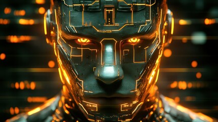 Poster - The glowing futuristic cyborg face of the artificial man displays