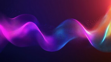 Poster - Colorful neon illuminated particle wave energy floating on a dark backdrop