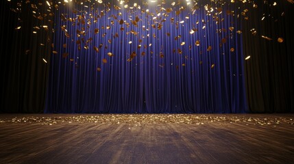 Poster - Gold confetti falling on a stage with blue and black curtains