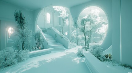 Aufkleber - Interior architecture features a stairway and outdoor view of trees