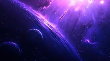 Poster - A purple and blue space scene with planets and nebulae