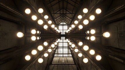Poster - Symmetrical lighting arrangement of many suspended light bulbs
