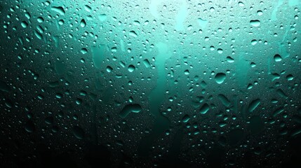 Poster - Turquoise tinted raindrops on a wet glass surface are visible
