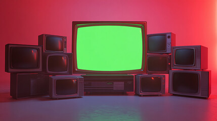 Fototapete - big television 3d rendered with stack of classical old televisions, aged green screen tv monitors panorama vintage chrome key TVs vintage video element cinematic red lighting composition dynamic scene