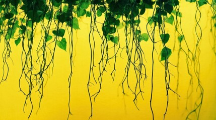 Poster - Green Vines with Small Leaves Hanging Against A Yellow Background