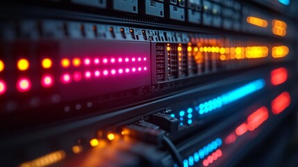 Aufkleber - Close-up view of network cables connected to tech equipment rack. Colorful lights illuminate tech components, showing modern communication systems, advanced connectivity.  3k Resolution 