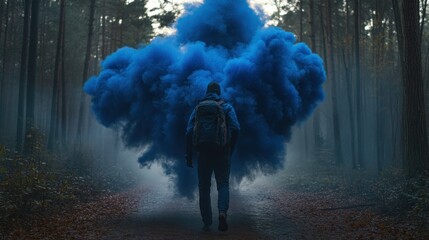 Poster - A person walking towards a dense blue colored cloud