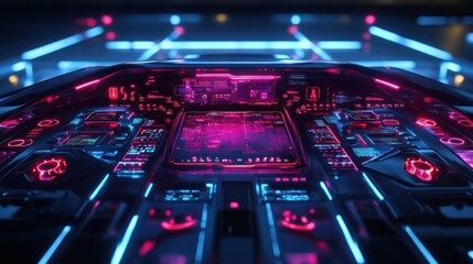 Poster - Futuristic spaceship cockpit with glowing controls and screens displayed