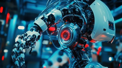Aufkleber - A modern cyborg robot with glowing red eyes and arm in focus