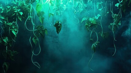 Poster - Green vines with leaves suspended in a moody and ethereal atmosphere