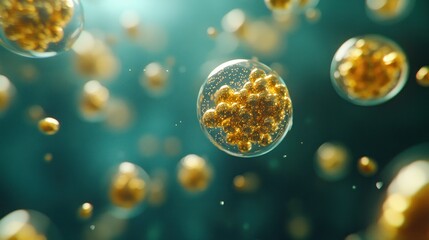 Poster - Golden spheres float against a teal blue background with focus on the clusters