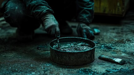 Aufkleber - A person is working with paint in a tin can