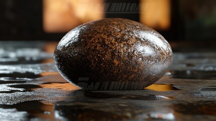Poster - A Round Smooth Stone Sitting On A Wet Textured Surface