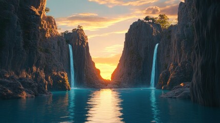 Poster - Two waterfalls cascade into a serene lake between tall cliffs