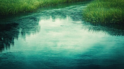 Poster - The river reflects clouds and grass in a peaceful landscape