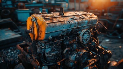 Poster - Old rusty engine resting in an industrial setting with metal parts