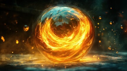 Poster - A fiery energy sphere floating within a dark textured background