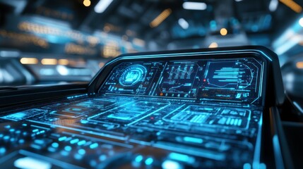 Poster - Modern blue digital dashboard and control panel in space ship