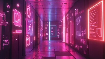 Poster - Futuristic corridor features glowing panels and vibrant pink and blue hues