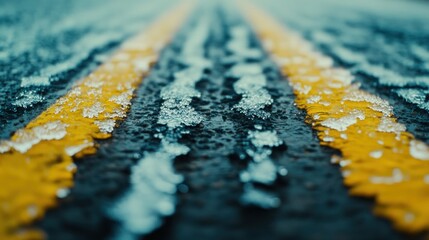 Poster - Yellow Road Markings Covered With Snow and Ice On A Street