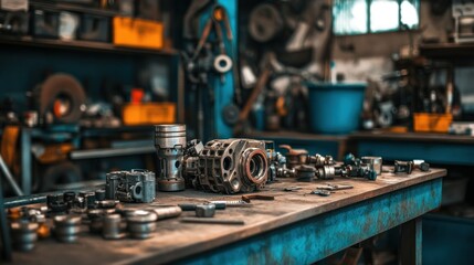 Poster - An old workshop bench with car engine components on display