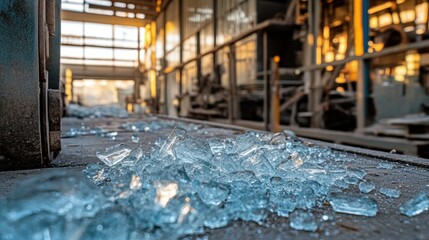 Poster - Broken glass shards are scattered across the concrete floor of the factory