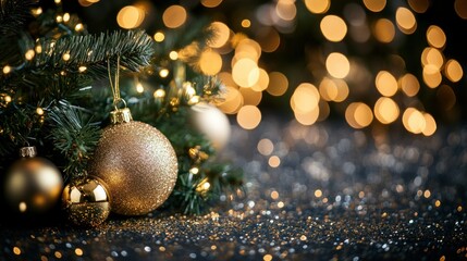 Poster - Glittering Christmas ornaments and lights decorate a beautiful evergreen branch