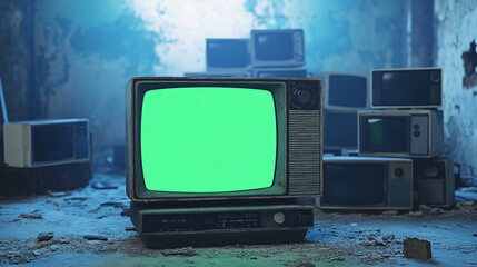 Poster - artistic 3d rendered green screen monitor with group of old classic televisions monitors in old ruined room dynamic composition cinematic blue lighting video element chroma key graphic element