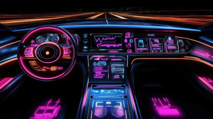 Aufkleber - Futuristic Automobile Interior Displaying Colorful Neon Illuminated Dashboard Elements