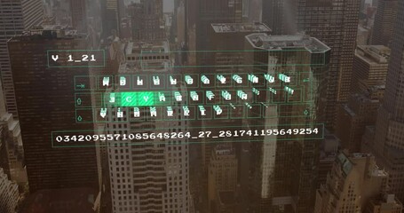 Poster - Digital code and data processing animation over cityscape with tall buildings