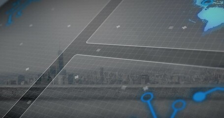 Poster - Digital map animation with cityscape overlay featuring blue navigation marker