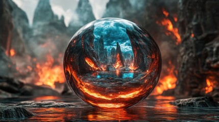 Poster - A crystal ball reflects a fiery landscape with dramatic peaks