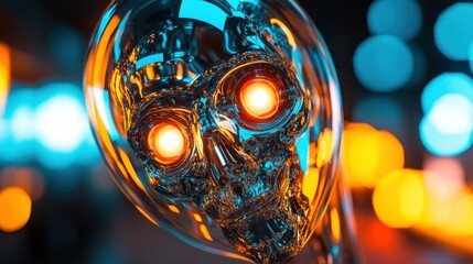 Poster - A Glowing Futuristic Robot Head With Bright Eyes and Reflections