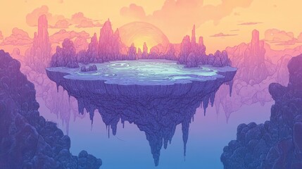 Wall Mural - Surreal floating island with glowing rivers and pastel gradients in halftone sky