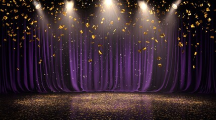 Poster - The purple stage with falling golden confetti is illuminated