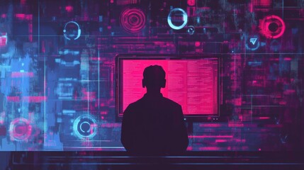 Abstract hacker behind a monitor with code, representing cybercrime, fraud, and a cybersecurity threat.