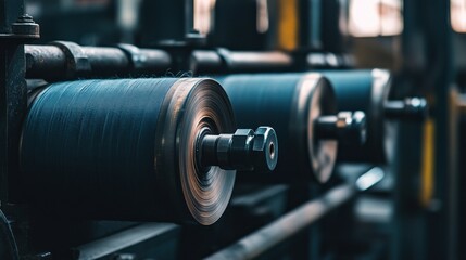 Poster - Several rotating cylinders rolling something dark blue in a factory setting