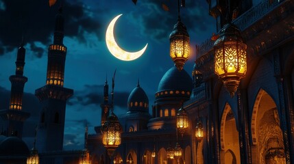 Poster - Crescent moon illuminates mosque complex with hanging illuminated lanterns at night