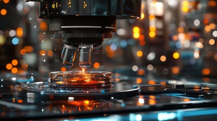 Poster - A high tech microscope is studying an orange substance
