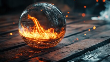 Poster - A transparent sphere containing a fiery interior on a wooden surface