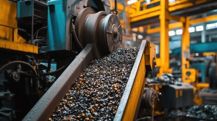 Poster - Machine conveyor belt carries metal waste for processing in a factory