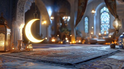 Aufkleber - A Glowing Moon And Lit Lanterns Inside A Decorative Room