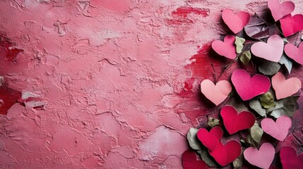Poster - A painted background with many paper hearts of different colors
