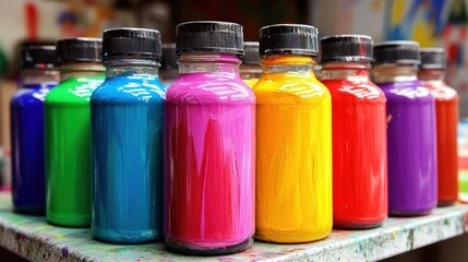 Poster - Bottles filled with vibrant colors are on a painted surface