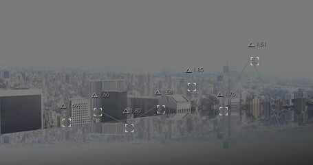 Poster - city skyline with animation of digital data points and analytics overlay