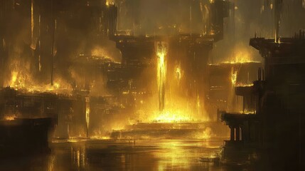 Poster - Burning buildings and a glowing pillar feature the citys destruction