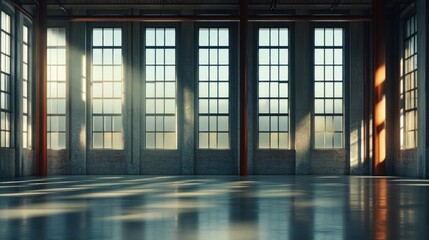 Poster - Large Industrial Building Interior Filled With Bright Sunlight Through Windows